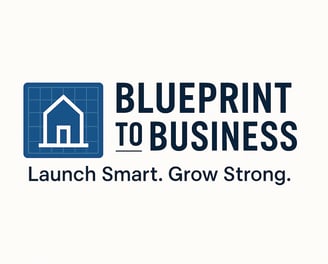 a blueprint business logo with a house in the background