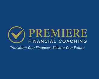 a blue and gold logo for premier financial coaching