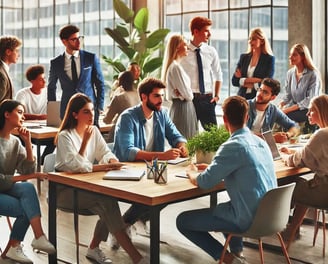 a group of people sitting around a table with a group of people