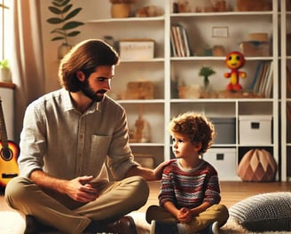 a man and his son playing with a guitar