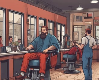 A vintage barbershop scene with a barber cutting a customer's hair. The shop interior features a simple setup with mirrors and shelves lined with various grooming products. The entrance door has Chinese characters on it. The atmosphere is classic, reflecting an old-fashioned style with wooden elements and a tiled floor.