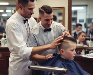 A barber is cutting a customer's hair in a small, vintage barber shop. The customer sits on a red barber chair, while the barber concentrates on the haircut. Both of them are visible in the large mirror on the wall. The shop is decorated with patterned tiles and has a few hanging items like a towel and a jacket. The lighting is warm and natural.