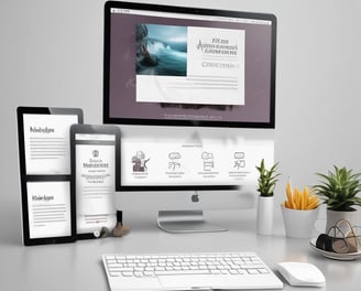 A laptop displaying a website design with the phrase 'Build your dream website.' next to a minimalistic building image. The scene also includes a modern mug and a smartphone placed on a wooden desk.