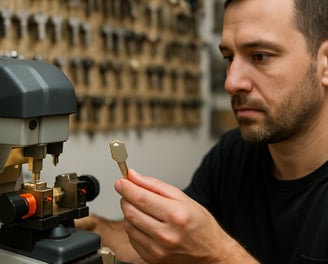 Professional locksmith duplicating a key with a key cutting machine.