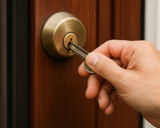 Hand inserting a key into a brass deadbolt lock in a wooden door for home security.