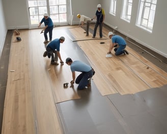 A wooden floor features a bold white design with the words 'Adventure Bound' around three circular illustrations. The illustrations depict a boot, a crossed paddle design, and a backpack. The floorboards are dark with a reddish-brown border, and a pair of shoes is visible at the bottom.