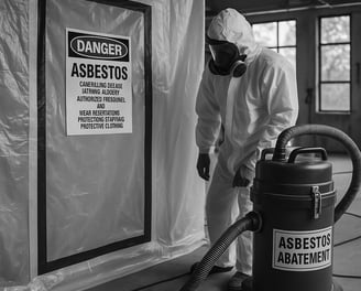Licensed asbestos removal technicians in protective suits remoev asbestos from commercial building