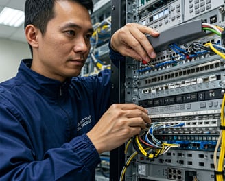 TCT technician installing VoIP phone system in Minneapolis office.