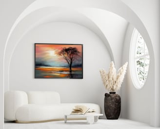 An artwork featuring a tree is showcased in a stark white room, highlighting the contrast between na