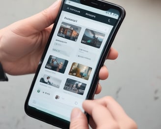 A hand is holding a smartphone displaying a website with the header 'LE SOLUZIONI'. The smartphone screen shows a section with an image of a person and text underneath. The background is a wooden table surface.