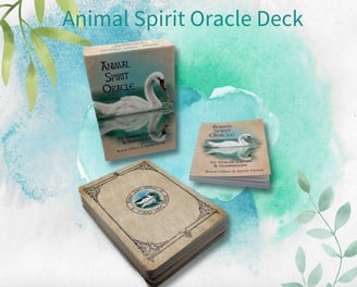 Animal spirit oracle box, cards and guidebook on watercolour background.