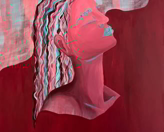 a painting of relieved woman on a red background