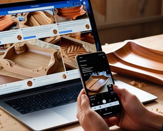 A social media feed and website promoting wooden crafts.