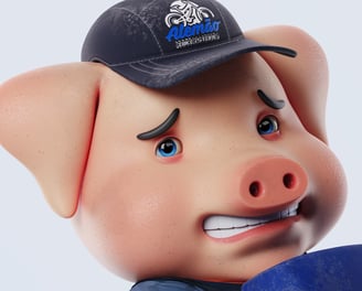 zoom no personagem cartoon, porco que trabalha numa ferragem, desastrado, 3D render, posição natural