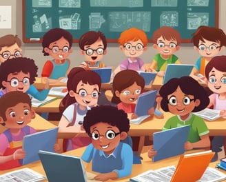 A teacher is engaging with a group of students sitting at a desk. The students are dressed in matching attire and wearing traditional headwear. They appear focused on their studies as they interact with the teacher. Books are open in front of them, and shelves filled with books are visible in the background.
