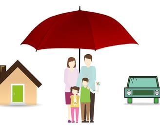 a family standing under an umbrella in front of a house (Insurance Solutions)