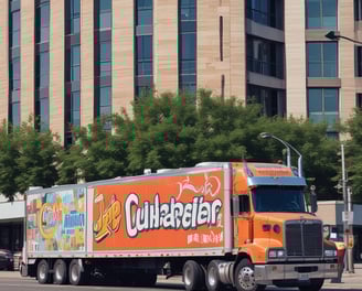 A large delivery truck features the bold branding of a well-known soft drink company with its name prominently displayed in large white letters on a blue background. The truck is parked next to an old brick building with tall, industrial-style windows. Shadows from overhead cables stretch across the scene, adding an urban feel.