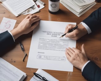 A person in a formal suit is reviewing a document with a customer prior to notarization.