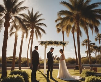 The image shows a couple getting married outside on a sunny day with palm trees in the background.