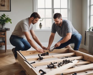 two movers assembling furniture 