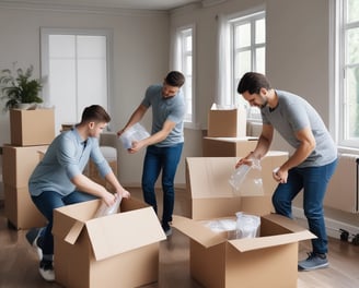 a team of packers moving boxes in a room