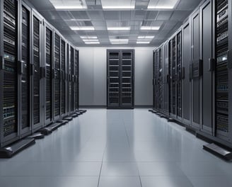 A close-up view of a network server or data center with numerous cables and connections. Orange cables are neatly arranged in the foreground, while various ports and connectors are visible in the background.
