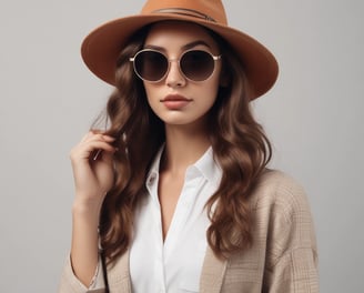 A collection of various sunglasses displayed on multiple glass shelves, featuring a range of colors and styles. The frames vary from modern and sleek to retro and bold designs, with lenses that are tinted in different hues such as blue, gold, and dark shades.