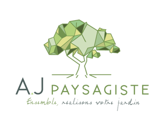 Logo AJ Paysagiste avec arbre stylisé et slogan "Ensemble, réalisons votre jardin"