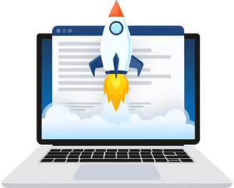 Illustration of a laptop with a rocket launching from the screen, symbolizing rapid growth