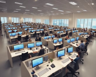 A modern office space with rows of desks, each equipped with computer monitors and office chairs. There are Indian flags hanging from the ceiling. The desks have various items on them, including sticky notes, water bottles, and some personal items. Plants are hanging from the ceiling, adding a touch of greenery. The word 'swipe' is displayed on the wall.