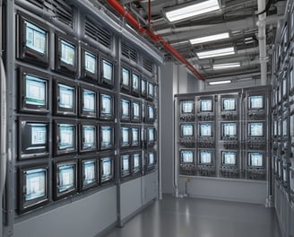 A complex manifold system with multiple white pipes connected in parallel to a row of valves. Several gauges are visible, as well as an assortment of knobs and control switches. The setup appears part of a heating or plumbing system, with wiring and connectors visible. The background shows a partially unfinished wall, suggesting an installation in progress or maintenance area.
