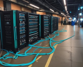 A server room or data center featuring several racks of network servers with blue indicator lights. The setup is organized and enclosed within a glass cabinet.