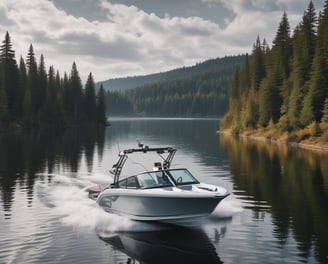 A red and gray speedboat is on a calm lake with three people onboard. The boat features a large wakeboard tower with speakers, and the individuals appear relaxed, enjoying the sunny weather. Trees line the distant shore under a clear blue sky.
