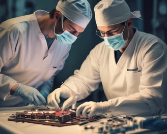 A medical professional is performing a surgical procedure on a patient's nose. Both individuals are wearing sterile attire, including gloves and masks. The surgeon focuses intently while using surgical instruments. The environment is clinical, with the patient lying down and partially covered.