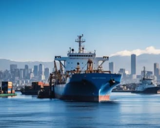 a large ship in the water with a city in the background
