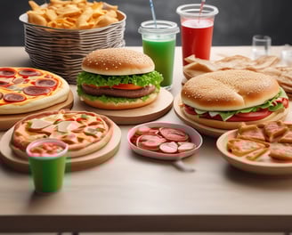 A wooden surface is topped with fast food items including two packages of French fries in red packaging, a wrapped bacon burger in purple wrapping, and a closed Big Mac box. The scene is typical of a fast-food meal setting.