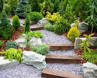 Jardin paysager avec rochers, plantes et allée zen