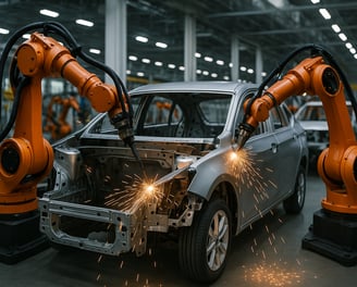 a car being worked on by a robot welding machine
