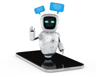 a robot with speech bubbles on a cell phone