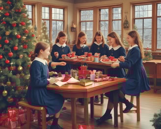 A group of young women in uniform performing a marching routine. They are wearing khaki uniforms with red sashes, green caps adorned with red feathers, and white gloves. Their uniforms display badges and colorful shoulder cords. The background shows other people in similar uniforms.