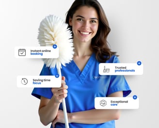 Professional home cleaner in blue scrubs disinfecting a modern kitchen with a spotless finish.