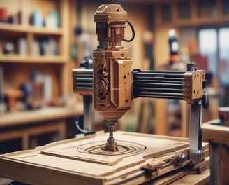 A woodworking machine is partially visible, with a large wooden beam being processed. The machine's metal components are visible, with sawdust scattered around. The setting appears to be a workshop with other wooden pieces in the background.