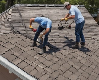 Workers wearing safety harnesses and yellow helmets are performing maintenance on a large corrugated metal roof. They are using equipment attached to ropes secured on the roof.