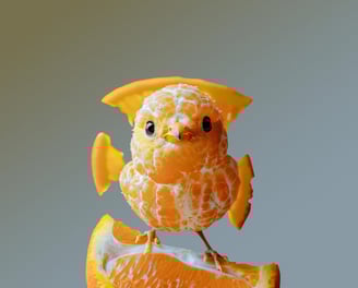 a bird sitting on top of an orange peely
