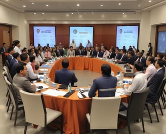 A group of people is gathered in a well-lit conference room, dressed in formal and semi-formal attire. One woman is wearing a headscarf and a uniform with an official insignia. They appear to be engaging in a conversation, surrounded by tables and chairs with other attendees in the background.