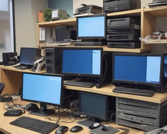 A messy tangle of blue, black, and green cables connected to network equipment on a shelf. There are several electronic devices, including routers and switches, with cables haphazardly arranged. A power outlet is visible on the wall.