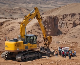 Several large dump trucks and an excavator are operating in an open-pit mine, with dusty and rocky terrain surrounding them. A drilling machine is also visible, indicating active mining activities.