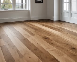 A close-up view of a wooden parquet floor with a herringbone pattern. The wood has various shades of brown and displays natural grain and knots, providing a rustic appearance.