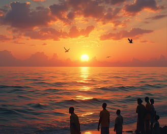 a group of people standing on a beach