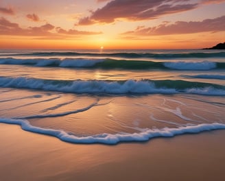 Una fotografía de una playa paradisíaca al atardecer, con el reflejo cálido del sol dorado sobre las